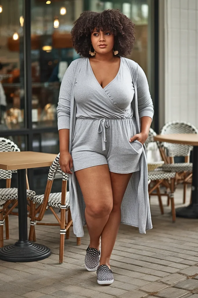 Plus Size French Terry Romper and Duster Cardigan Fall Outfit