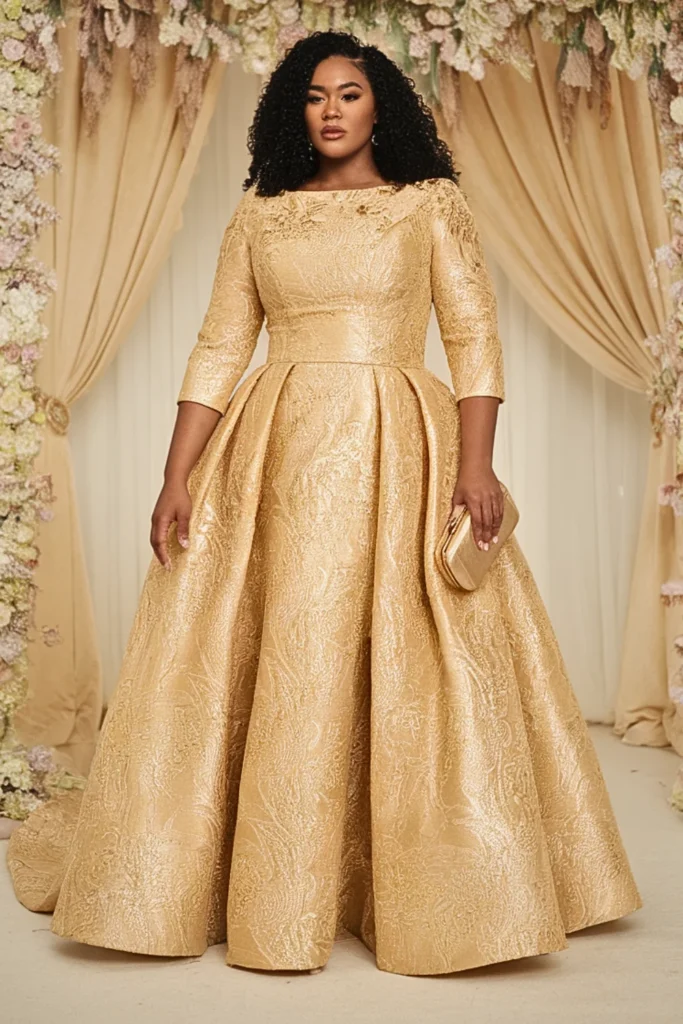 Plus Size Golden Yellow Brocade Wedding Guest Dress
