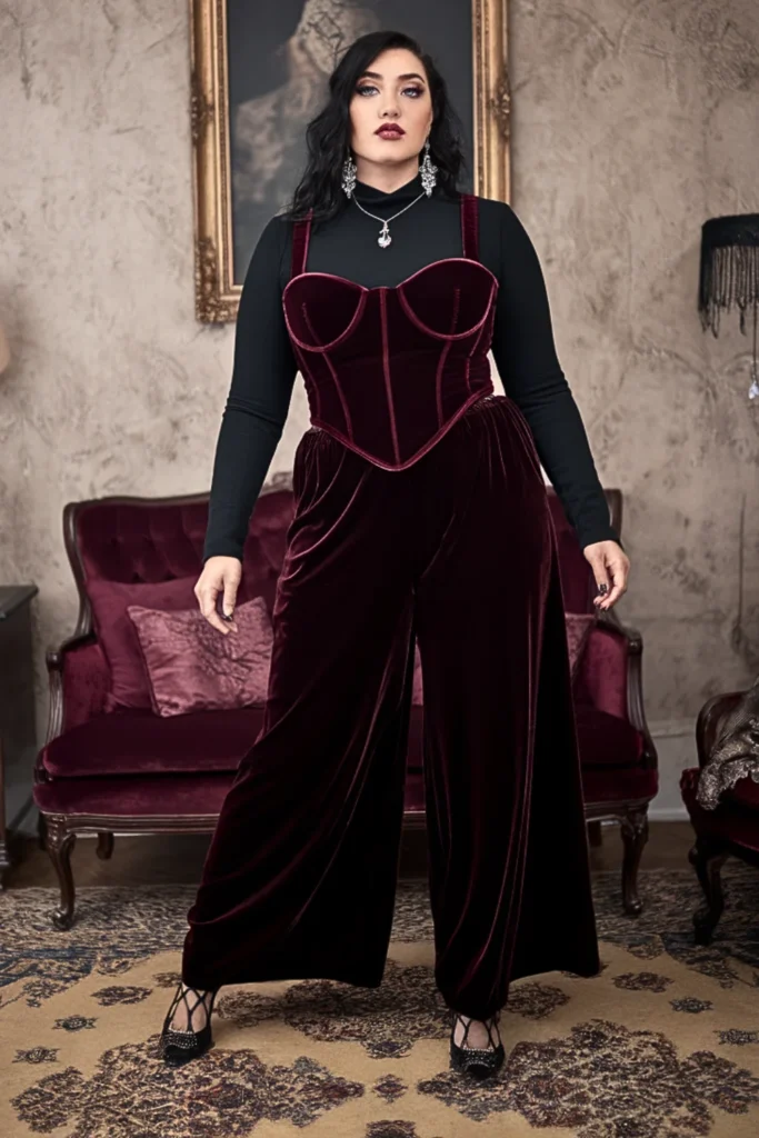 Plus Size Gothic Bustier and Palazzo Pants Fall Outfit