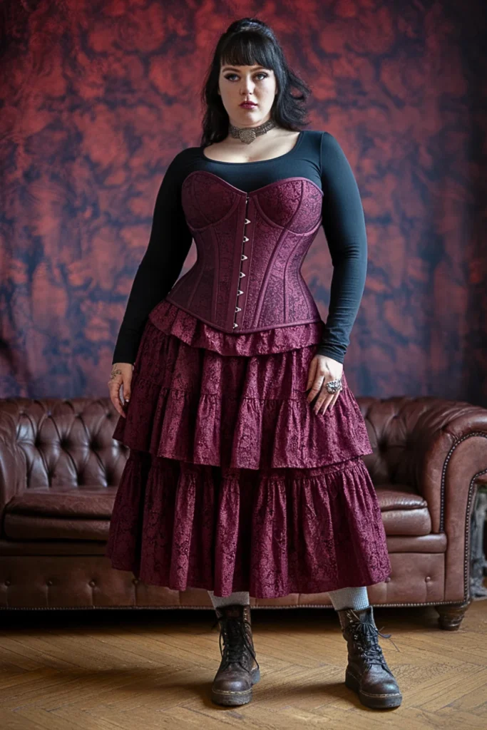 Plus Size Gothic Corset Top and Tiered Skirt Fall Outfit
