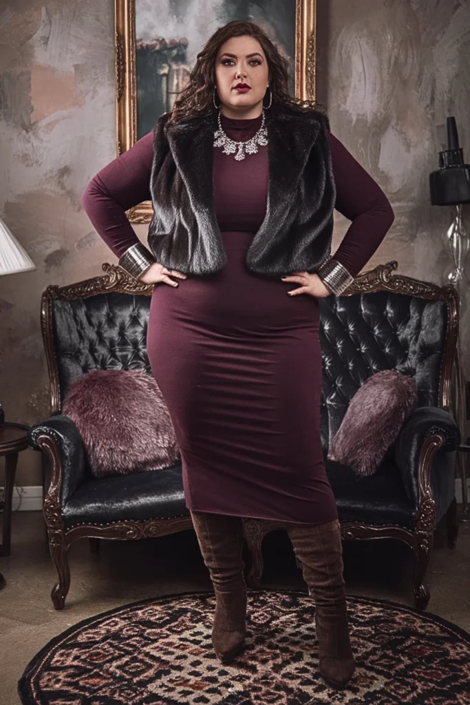 Plus Size Gothic Faux Fur Vest and Midi Dress Fall Outfit