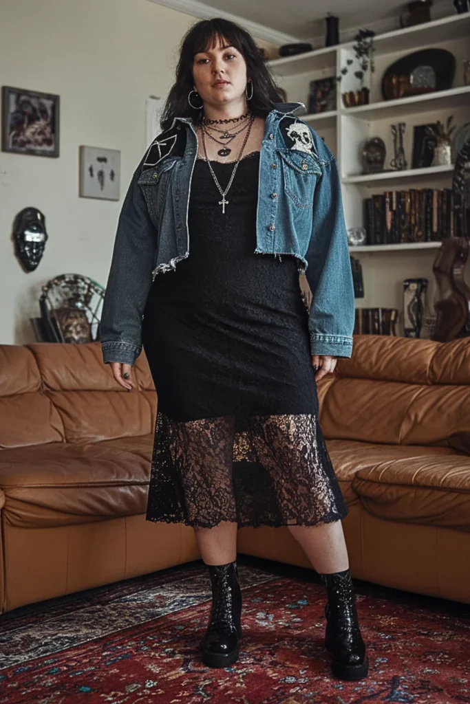 Plus Size Gothic Lace Dress and Denim Jacket Fall Outfit