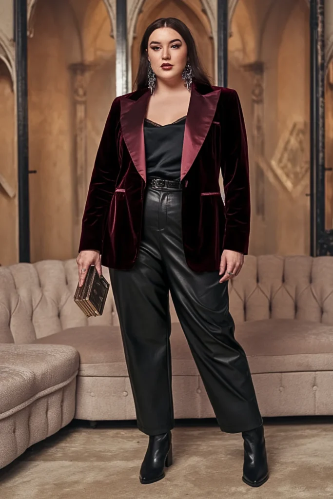 Plus Size Gothic Velvet Blazer and Leather Pants Fall Outfit