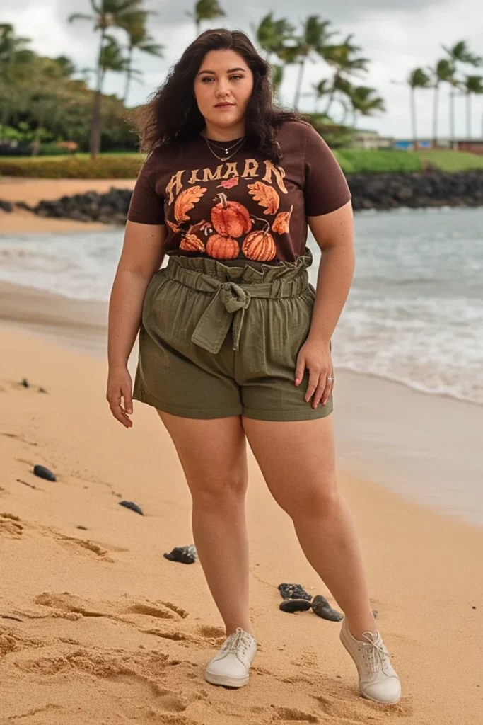 Plus Size Graphic Tee with Paper Bag Waist Shorts Fall Outfit