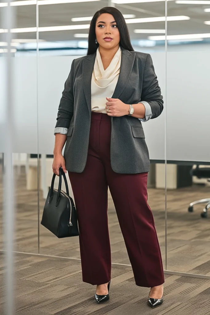 Plus Size Gray Wool Blazer and Burgundy Pants Fall Outfit