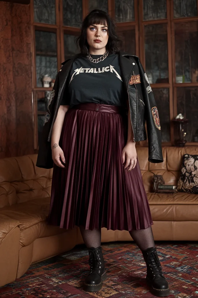 Plus Size Grunge Band Tee and Pleated Skirt Fall Outfit