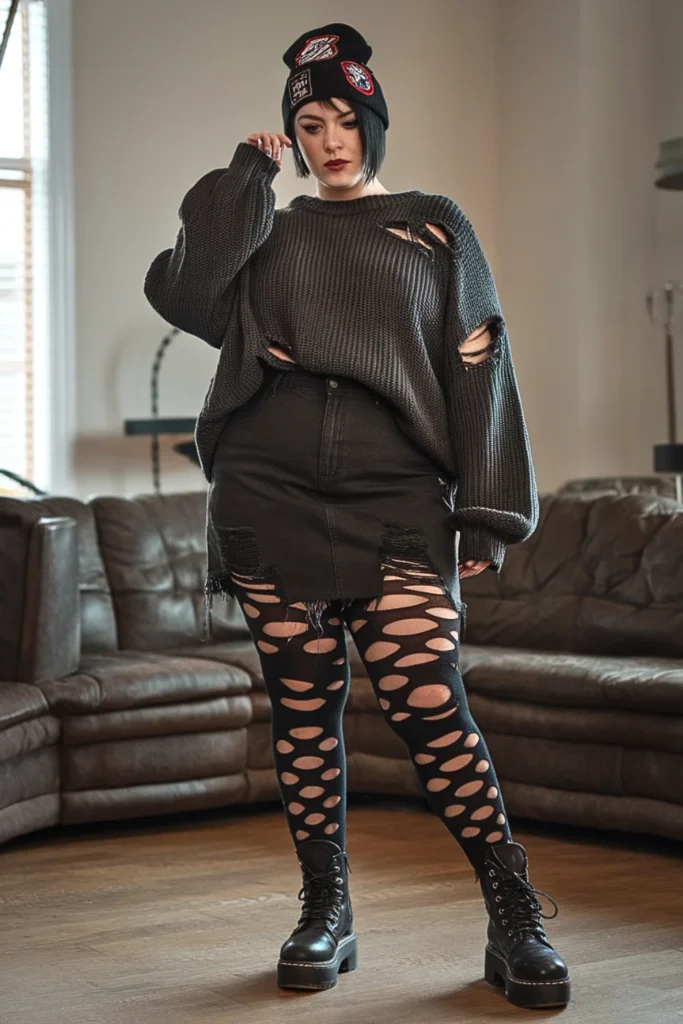 Plus Size Grunge Distressed Sweater and Mini Skirt Fall Outfit