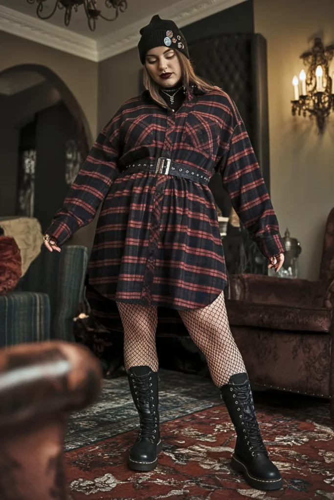 Plus Size Grunge Flannel Dress and Combat Boots Fall Outfit
