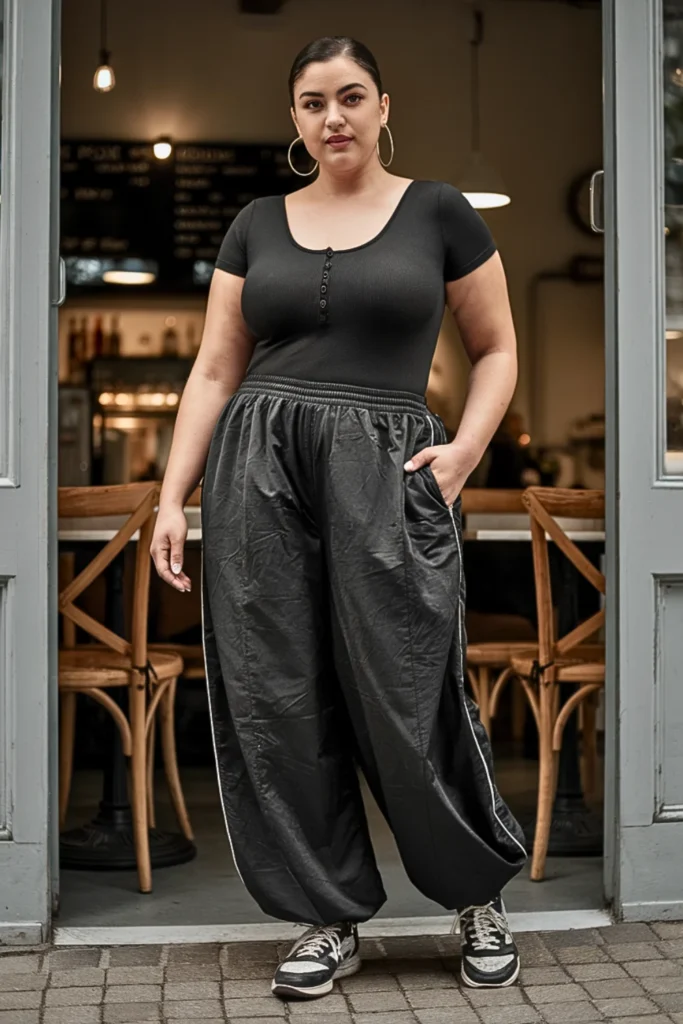 Plus Size Henley Bodysuit and Track Pants Fall Outfit