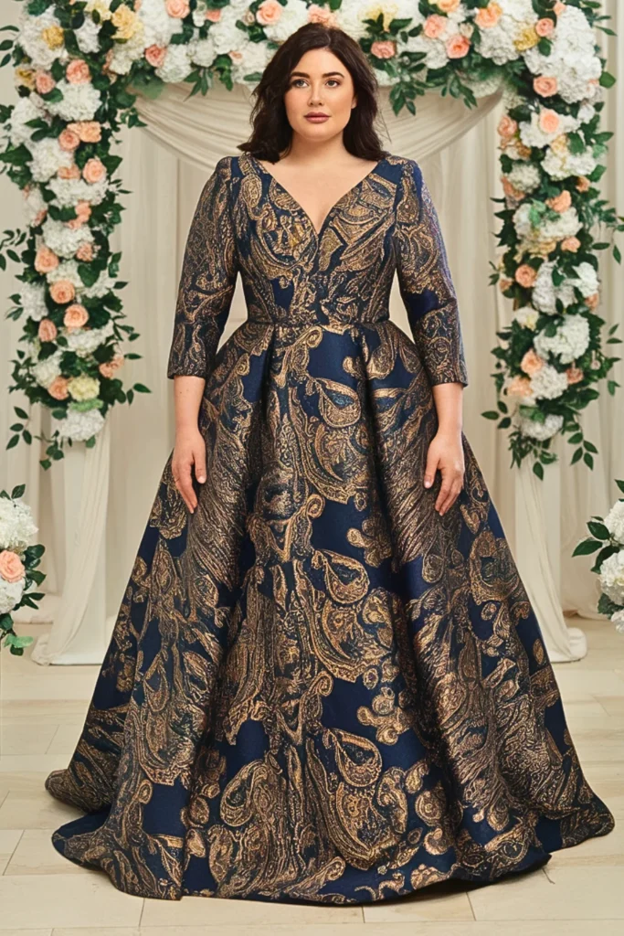 Plus Size Jewel-Tone Paisley Print Wedding Guest Dress