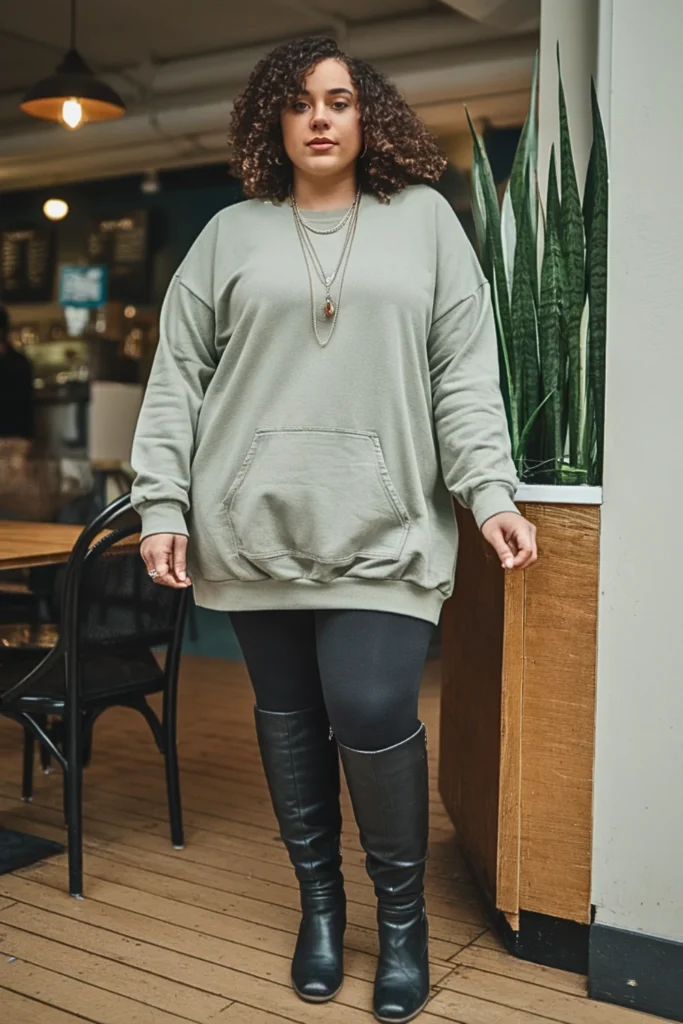 Plus Size Kangaroo Pocket Dress and Leggings Fall Outfit