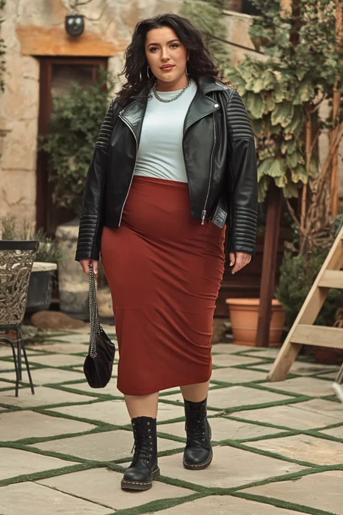 Plus Size Leather Jacket with Midi Skirt Fall Outfit
