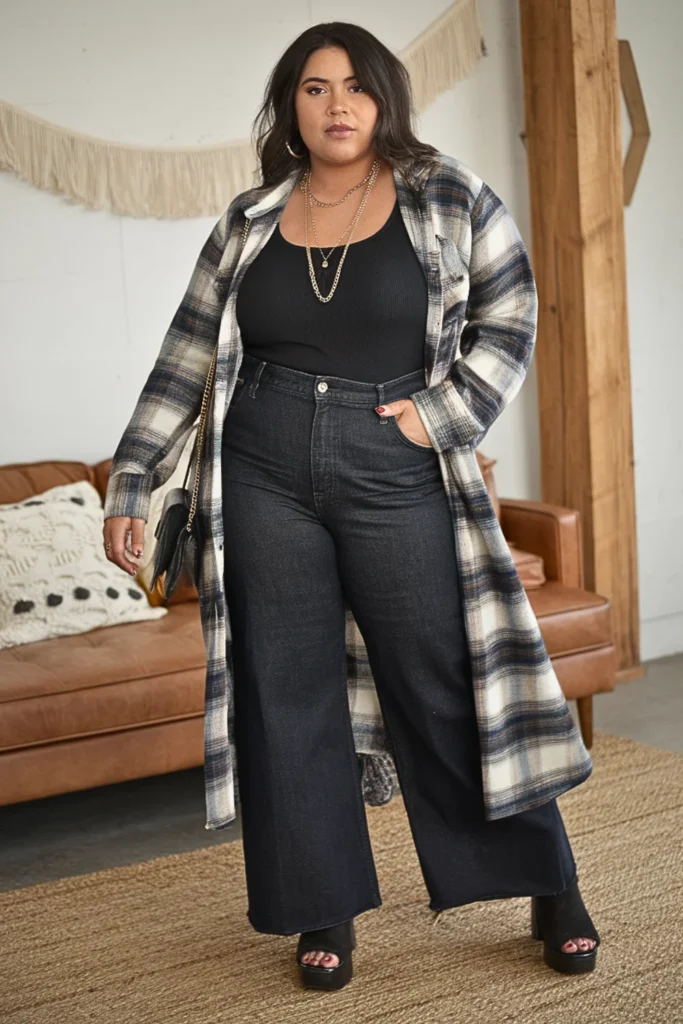 Plus Size Long Flannel Duster with Tank and Wide Leg Jeans Fall Outfit