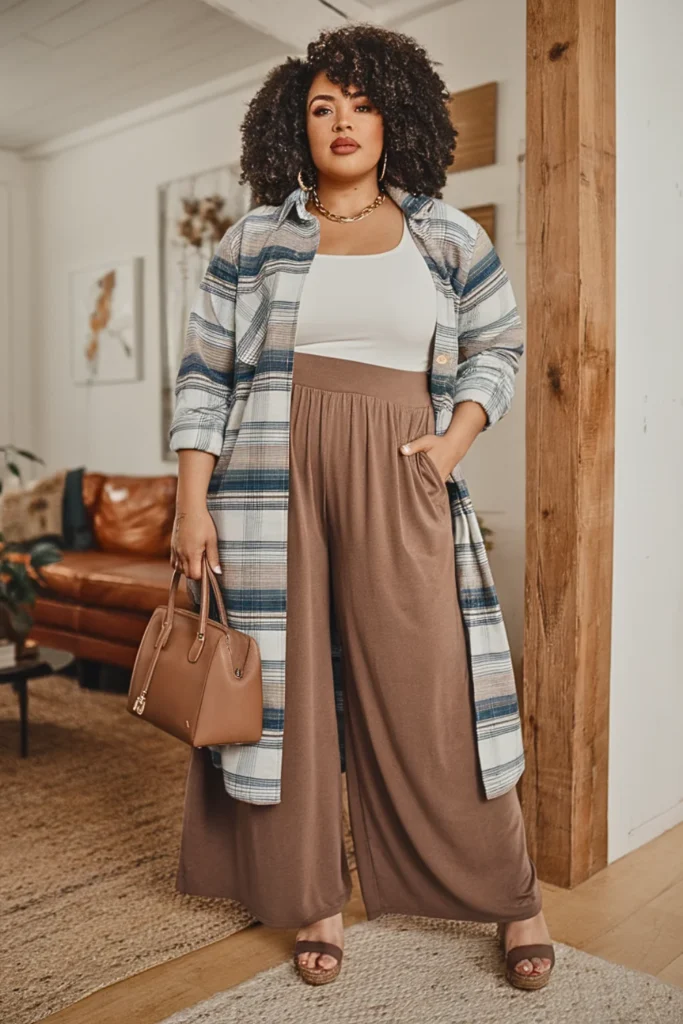 Plus Size Long Flannel with Fitted Tank and Palazzo Pants Fall Outfit