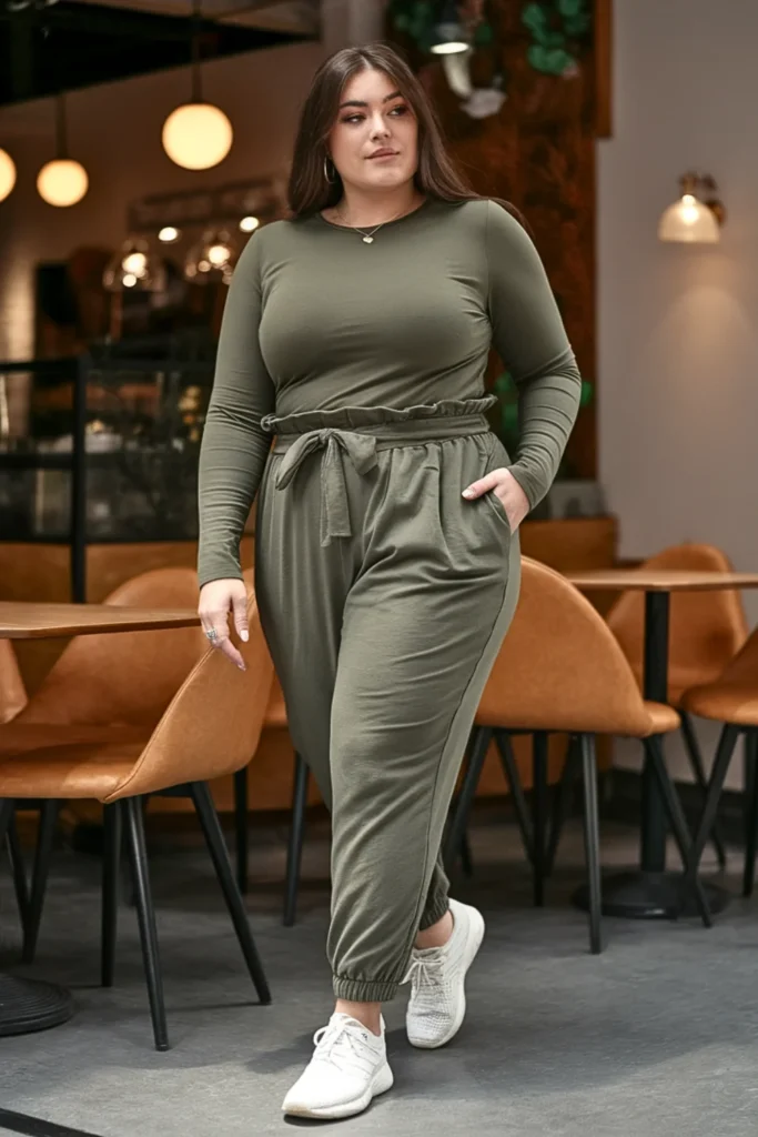 Plus Size Long-Sleeve Tee and Paper Bag Waist Joggers Fall Outfit