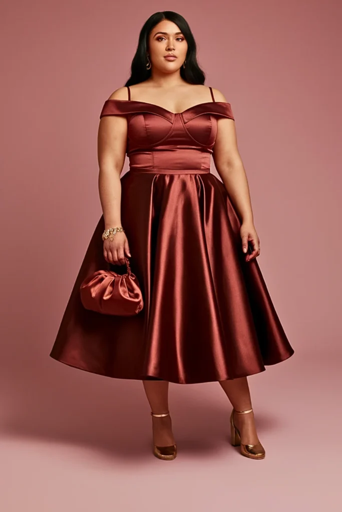 Plus Size Mahogany Brown Satin Wedding Guest Dress
