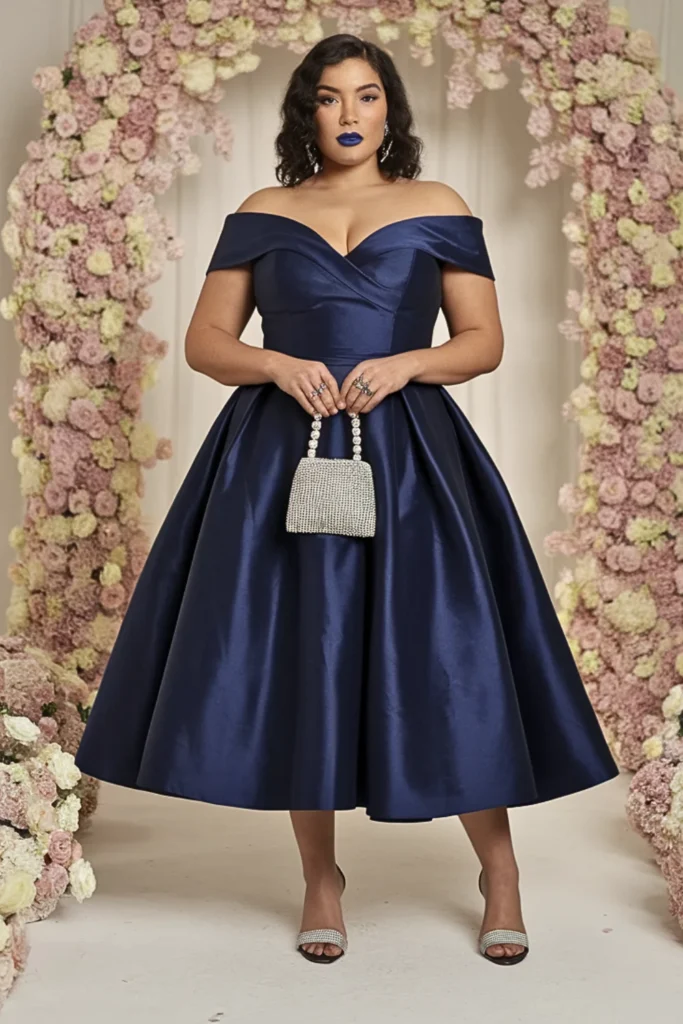 Plus Size Midnight Blue Taffeta Ball Wedding Guest Dress