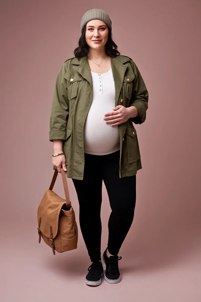 Plus Size Military Jacket with Henley and Leggings Fall Outfit