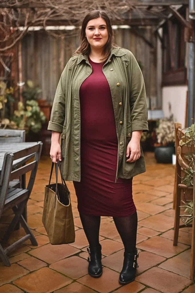Plus Size Military Jacket with Midi Dress Fall Outfit