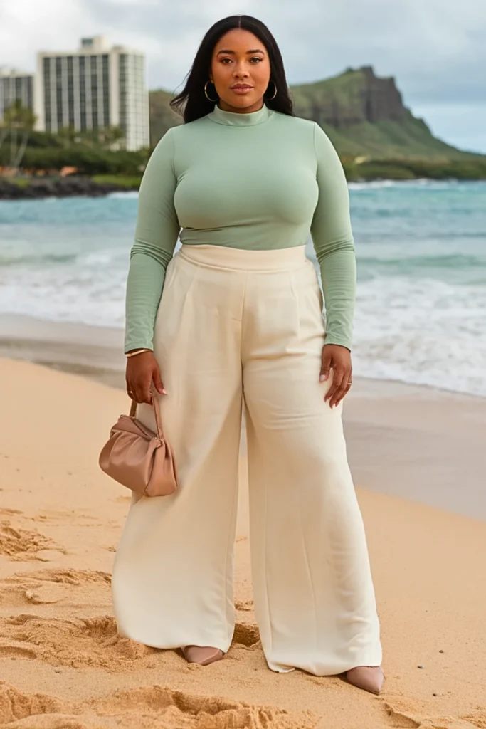 Plus Size Mock Neck Top with Wide-Leg Pants Fall Outfit