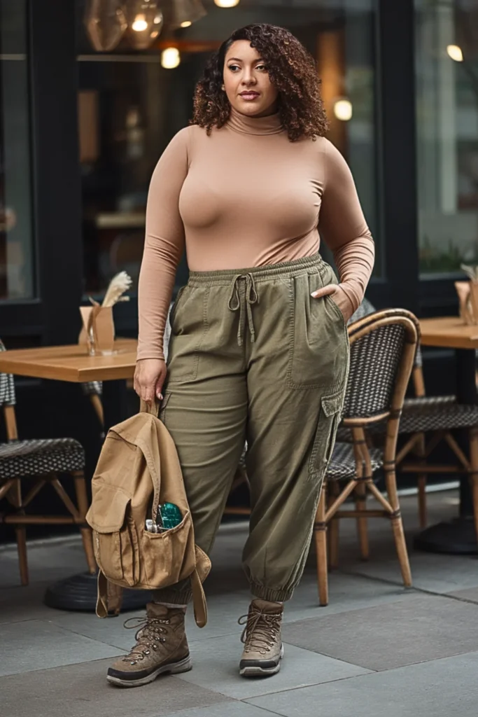 Plus Size Mock Turtleneck and Cargo Joggers Fall Outfit