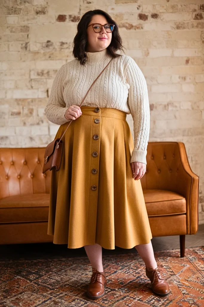Plus Size Modest Button Front Skirt Vintage Fall Outfit