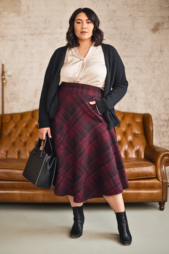 Plus Size Modest Plaid Midi Skirt Church Fall Outfit