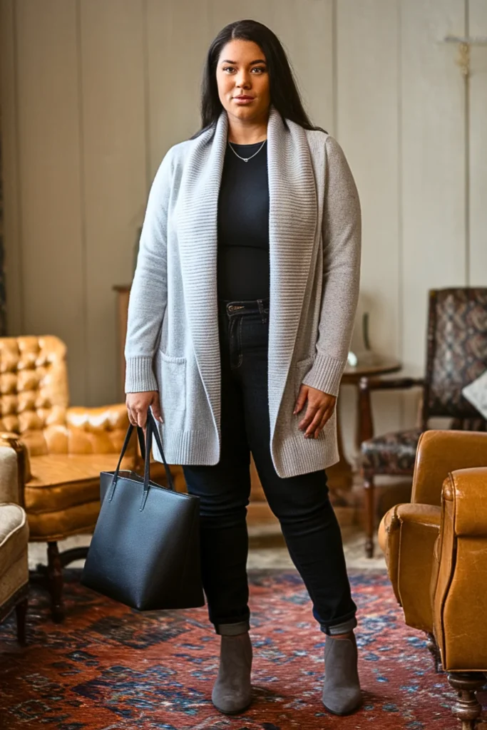 Plus Size Modest Shawl Collar Cardigan Cozy Fall Outfit