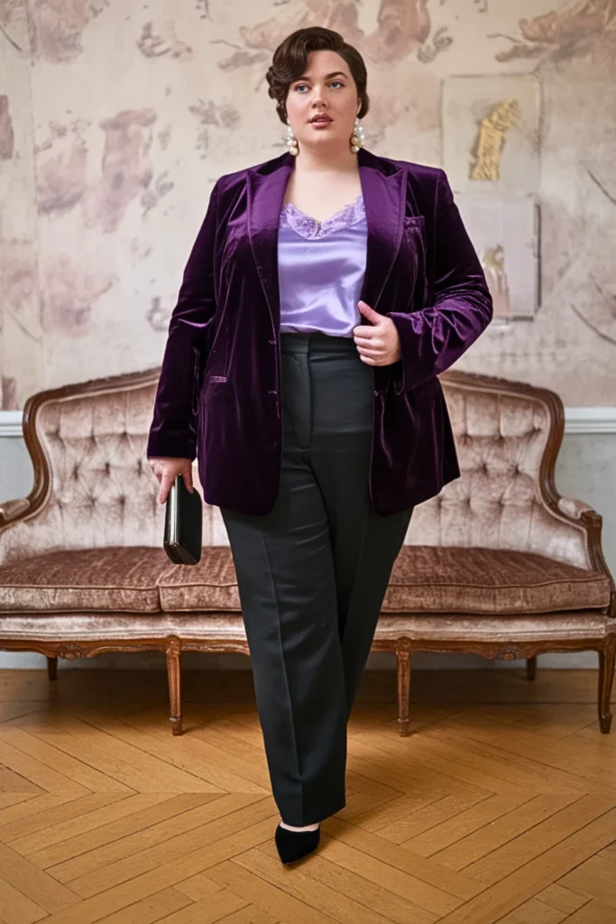 Plus Size Modest Velvet Blazer Evening Fall Outfit