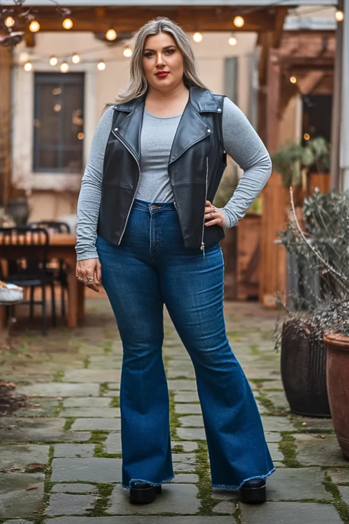 Plus Size Moto Vest with Flare Jeans Fall Outfit