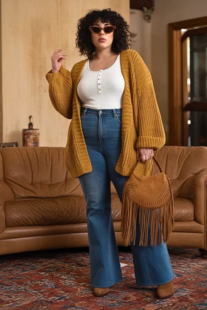 Plus Size Mustard Cardigan and Vintage Wash Flare Jeans Fall Outfit