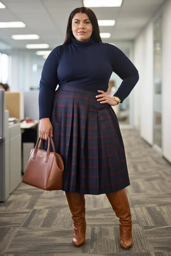 Plus Size Navy Turtleneck and Plaid Skirt Fall Outfit
