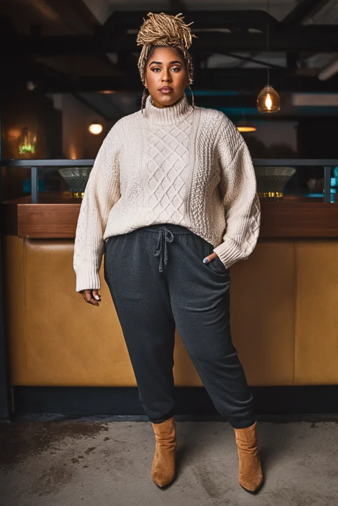 Plus Size Oversized Cable Knit Sweater and Joggers Fall Outfit