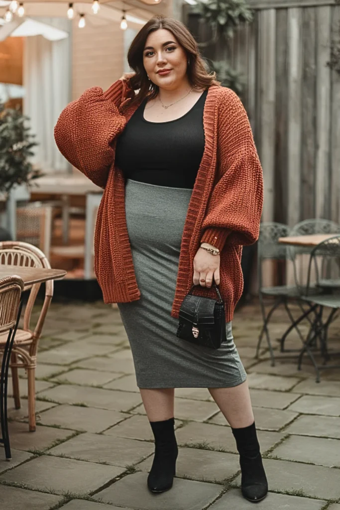 Plus Size Oversized Cardigan with Pencil Skirt Fall Outfit