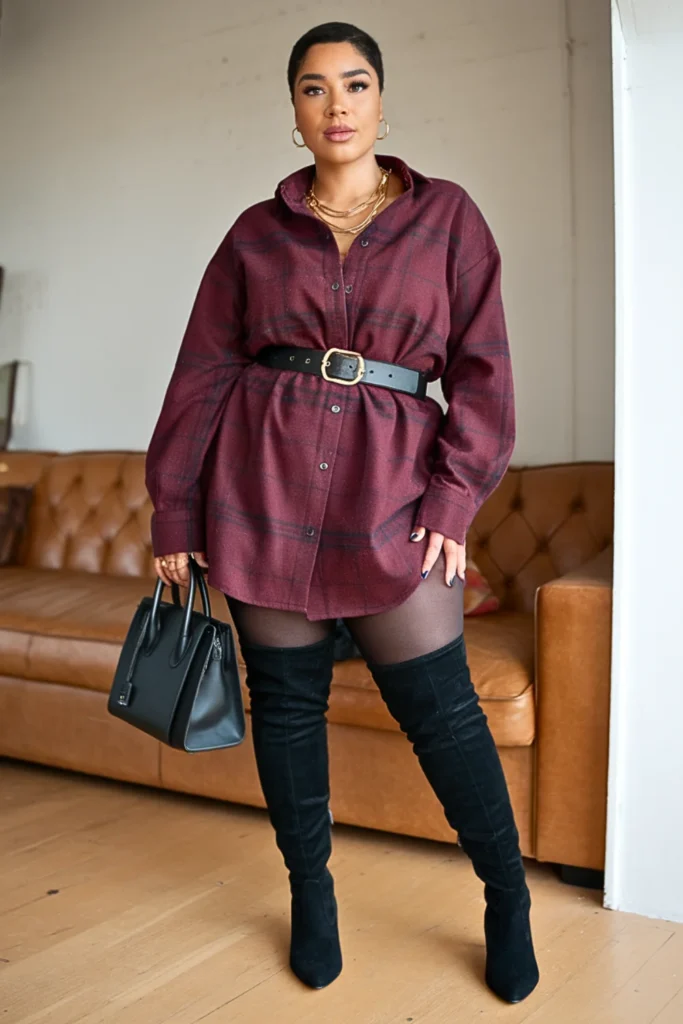Plus Size Oversized Flannel Shirt Dress with Thigh-High Boots Fall Outfit