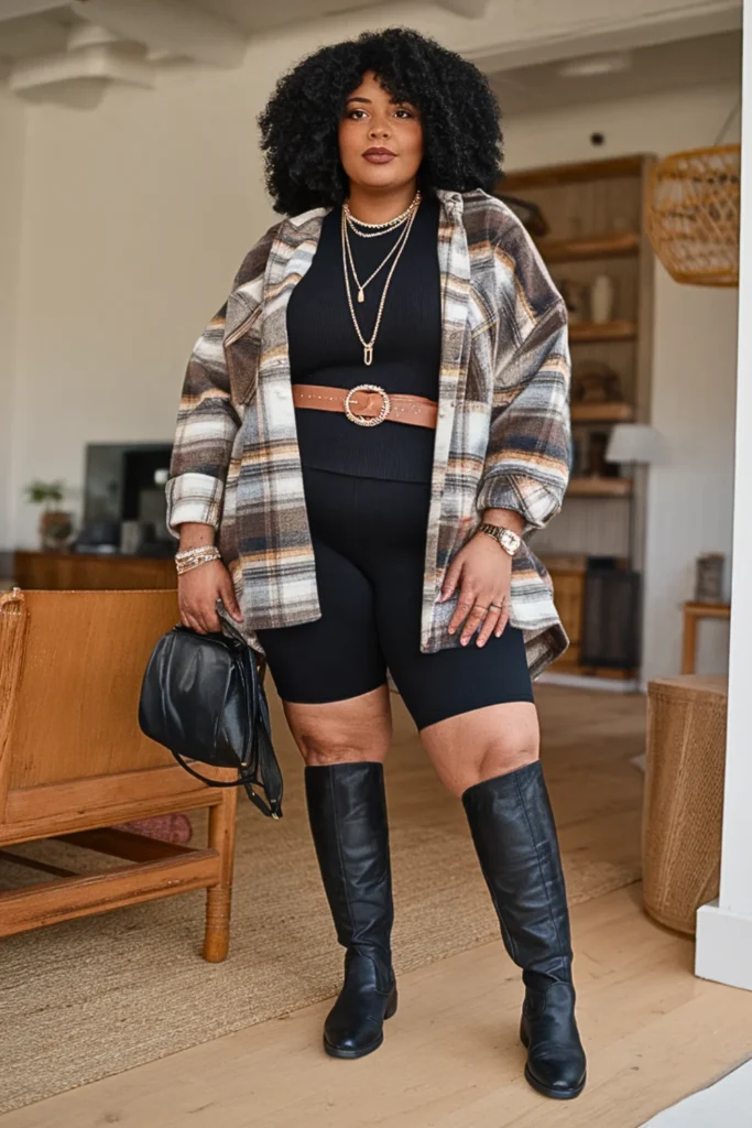 Plus Size Oversized Flannel with Bike Shorts and Tall Boots Fall Outfit
