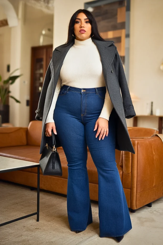 Plus Size Peacoat and Bootcut Flare Jeans Fall Outfit