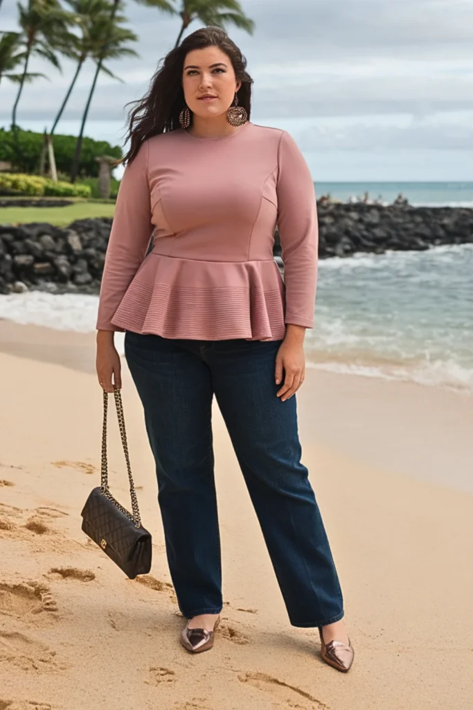 Plus Size Peplum Top with High-Waisted Jeans Fall Outfit