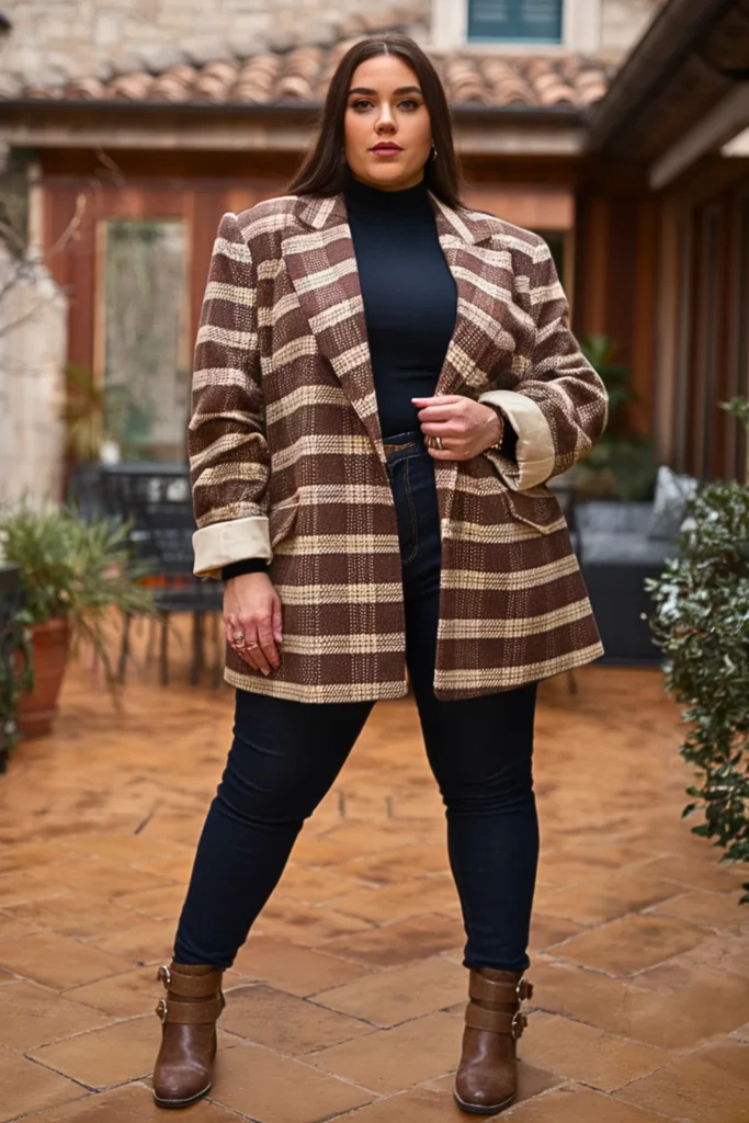 Plus Size Plaid Blazer with Dark Jeans Fall Outfit