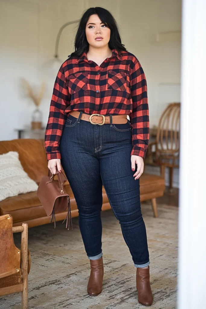 Plus Size Plaid Flannel Button-Down with High-Waisted Jeans Fall Outfit