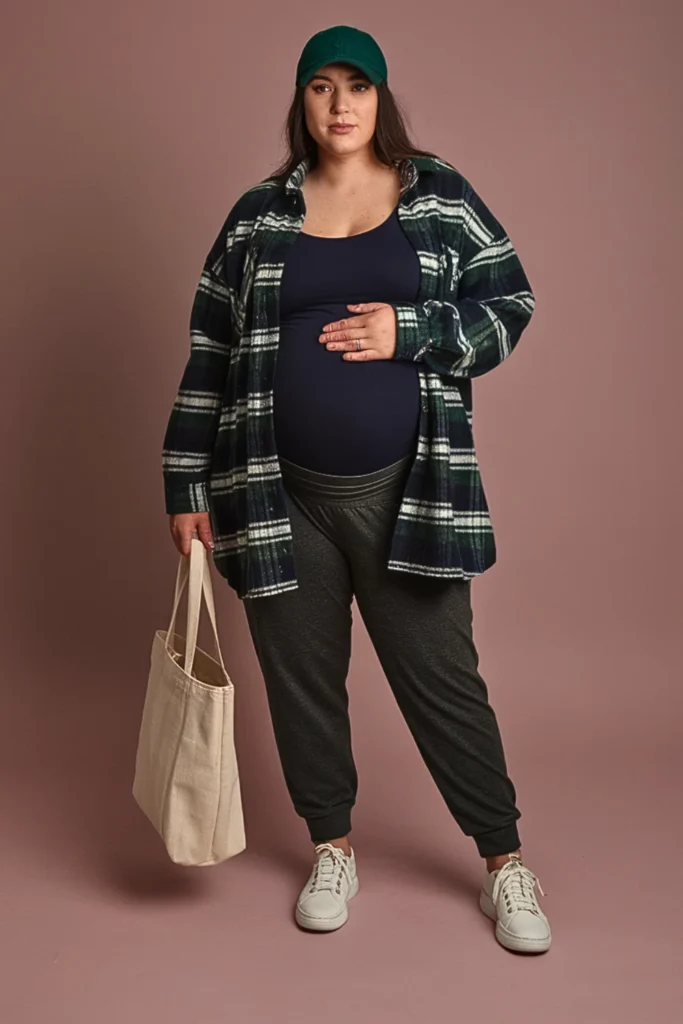 Plus Size Plaid Flannel Button-Down with Maternity Joggers Fall Outfit