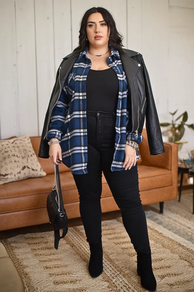 Plus Size Plaid Flannel with Leather Jacket and Skinny Jeans Fall Outfit