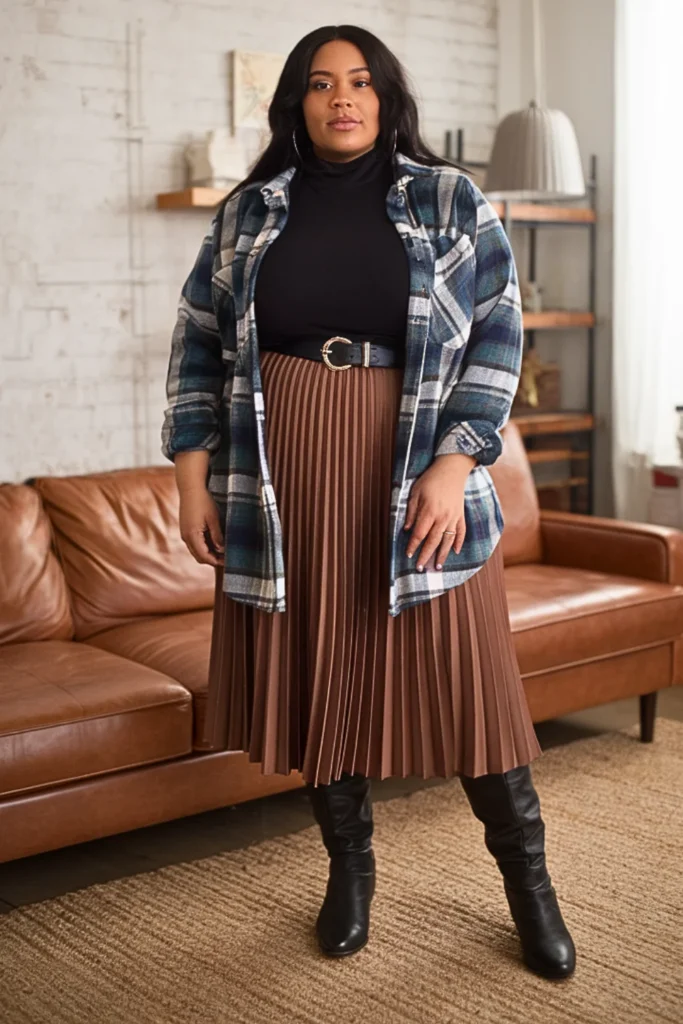 Plus Size Plaid Flannel with Turtleneck and Pleated Skirt Fall Outfit