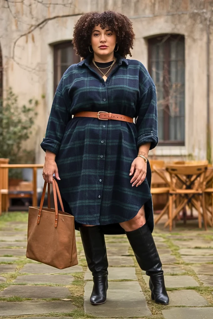 Plus Size Plaid Shirt Dress with Knee-High Boots Fall Outfit