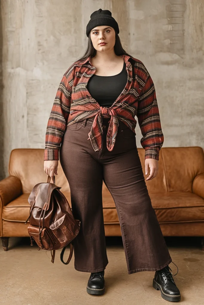 Plus Size Plaid Shirt and Wide-Leg Flare Jeans Fall Outfit