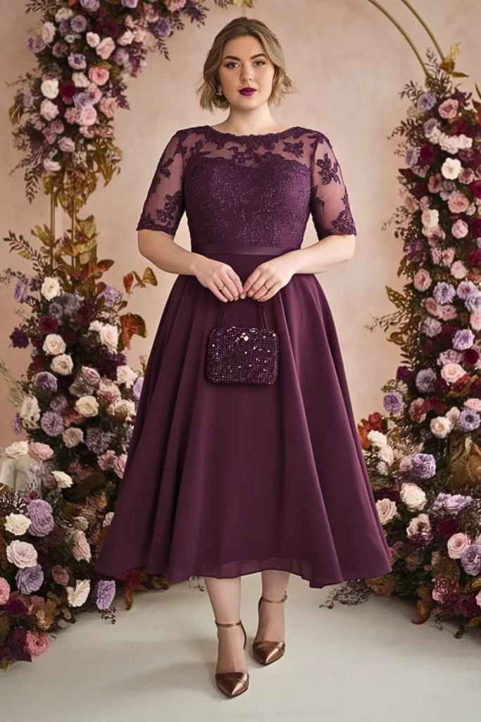 Plus Size Plum Purple Chiffon Tea-Length Wedding Guest Dress