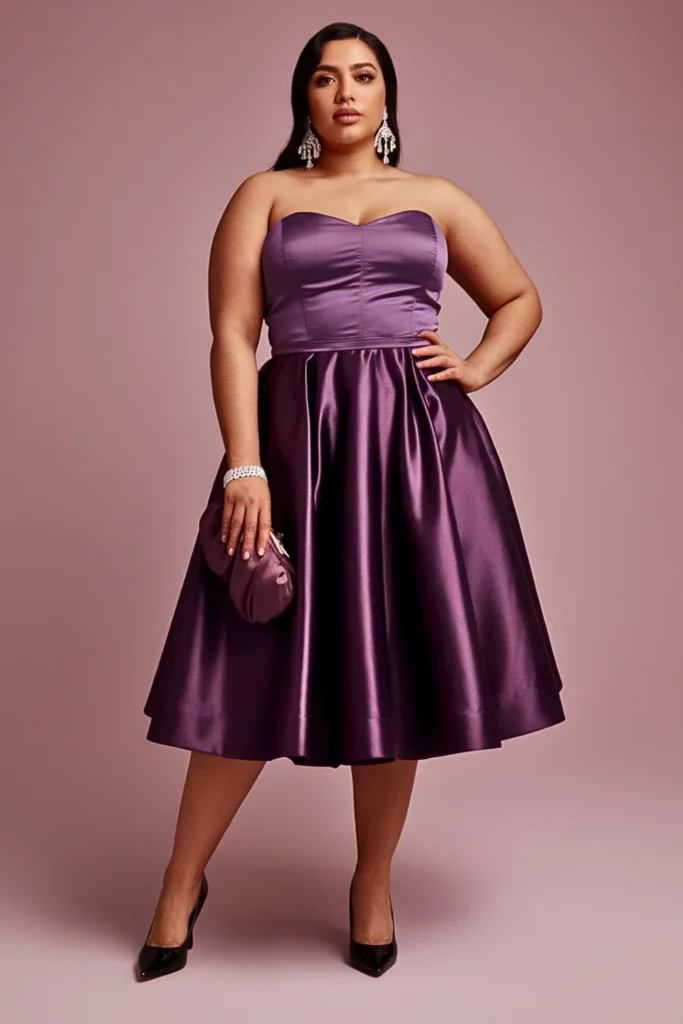 Plus Size Plum Satin Fit-and-Flare Wedding Guest Dress