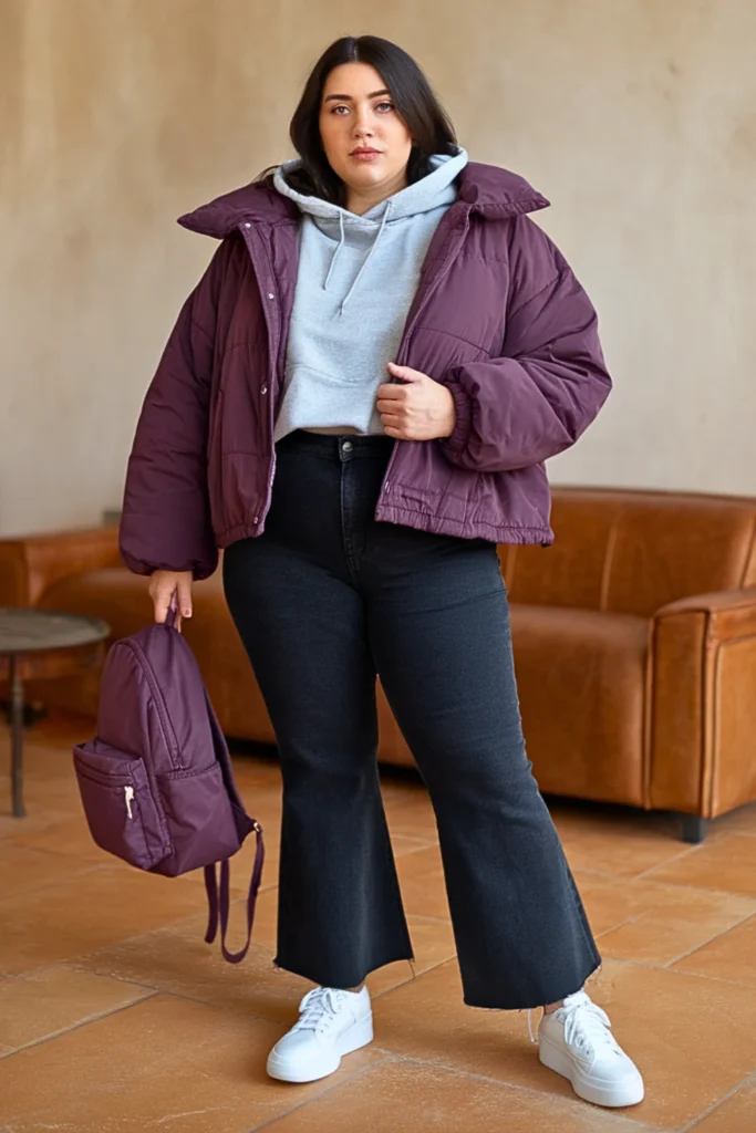 Plus Size Puffer Jacket and Cropped Flare Jeans Fall Outfit