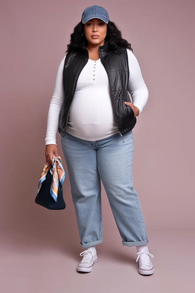 Plus Size Puffer Vest with Henley and Boyfriend Jeans Fall Outfit