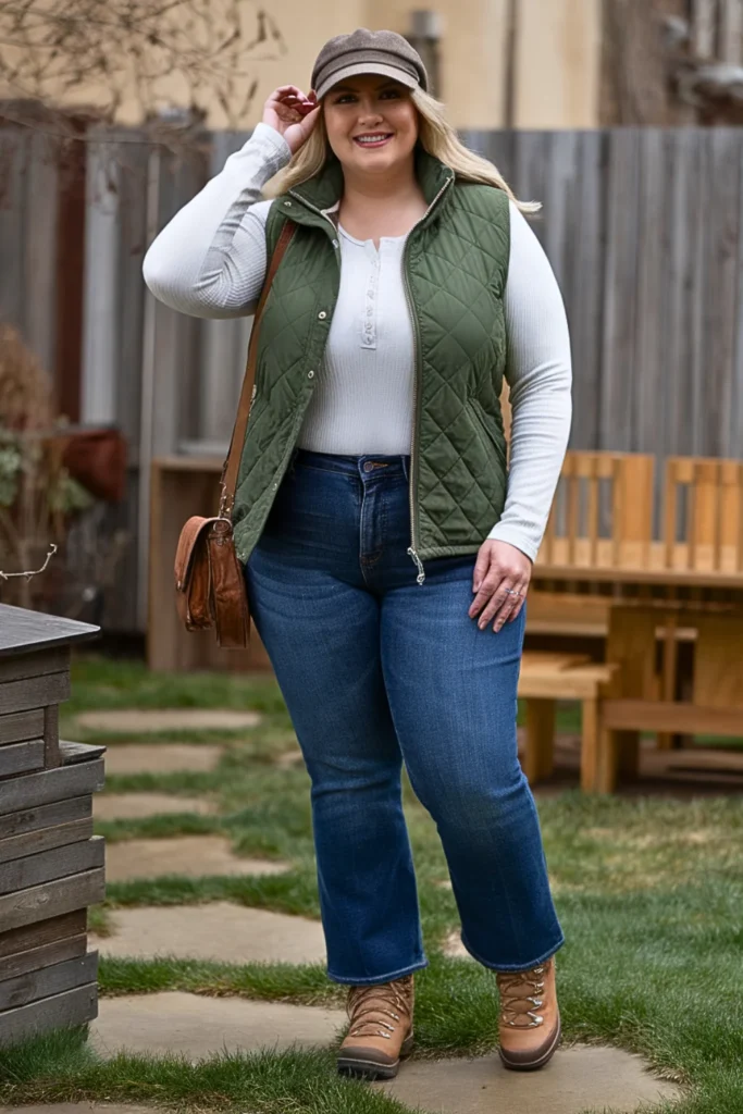 Plus Size Puffer Vest with Henley and Jeans Fall Outfit